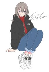 Rule 34 | 1girl, black jacket, blue eyes, blue pants, casual, character name, closed mouth, commentary, cross-laced footwear, denim, girls und panzer, high tops, highres, itsumi erika, jacket, jeans, legs up, logo, looking at viewer, medium hair, nail polish, nike (company), no socks, pants, red nails, red shirt, shirt, shoes, signature, silver hair, simple background, sitting, smile, sneakers, solo, the north face, turtleneck, unzipped, white background, white footwear, zono (inokura syuzo029)