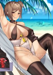 Rule 34 | 1girl, arm up, armpits, artist name, black thighhighs, breasts, brown hair, brown one-piece swimsuit, closed mouth, commission, condom, eyewear switch, girls&#039; frontline, hair bun, highres, j.moon, looking at viewer, lying, medium breasts, medium hair, on back, one-piece swimsuit, p90 (girls&#039; frontline), red eyes, side bun, single hair bun, single side bun, solo, swimsuit, thighhighs, thighs, tongue, tongue out