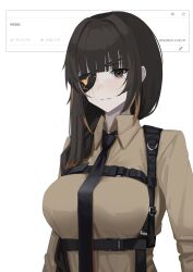 Rule 34 | 1girl, black hair, black necktie, breasts, brown eyes, brown shirt, collared shirt, eyepatch, girls&#039; frontline, highres, large breasts, looking at viewer, m16a1 (girls&#039; frontline), mado mdmbx (wjjj5485), medium hair, mole, mole under eye, multicolored hair, necktie, orange hair, request inset, scar, scar on face, shirt, smile, solo, strap, streaked hair, upper body, white background