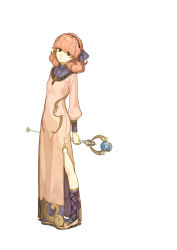 Rule 34 | 1girl, absurdres, brown eyes, curly hair, dress, fire emblem, fire emblem echoes: shadows of valentia, full body, genny (fire emblem), hairband, hidari (left side), highres, holding, jewelry, necklace, nintendo, official art, pink hair, shoes, simple background, solo, staff, white background