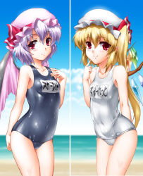 Rule 34 | 2girls, bare shoulders, beach, blonde hair, collarbone, covered navel, fang, female focus, flandre scarlet, henshako, looking at viewer, multiple girls, navel, one-piece swimsuit, red eyes, remilia scarlet, school swimsuit, shiny clothes, short hair, siblings, side ponytail, silver hair, sisters, skindentation, smile, swimsuit, touhou, wet, wet clothes, wings