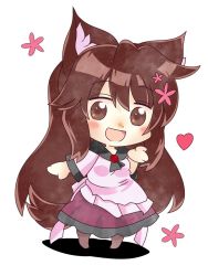 Rule 34 | 1girl, animal ears, blush, brooch, brown eyes, brown hair, chibi, commentary request, dress, flower, full body, hair flower, hair ornament, heart, imaizumi kagerou, jewelry, layered dress, long sleeves, open mouth, petticoat, ruto5102, shadow, solo, standing, tail, touhou, white background, wolf ears, wolf tail