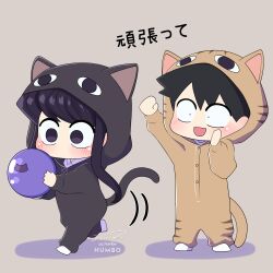 Rule 34 | 1boy, 1girl, absurdres, animal costume, animal ears, arm up, artist name, ball, black hair, bowling ball, cat costume, cat ears, cat tail, chibi, commentary, fake animal ears, grey background, hand up, hands up, highres, holding, hood, hood up, j humbo, komi-san wa komyushou desu, komi shouko, motion lines, no mouth, no nose, open mouth, purple eyes, purple hair, signature, simple background, smile, standing, standing on one leg, tadano hitohito, tail, translated, white footwear