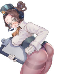 Rule 34 | 1girl, anger vein, ascot, ass, blush, brown hair, chamame, clipboard, cowboy shot, from behind, garrison cap, glasses, gloves, green eyes, hat, headset, highres, looking back, military, military uniform, molly (skullgirls), open mouth, panties, pantyhose, skullgirls, solo, underwear, uniform, white background