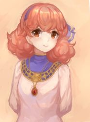 Rule 34 | 1girl, arms behind back, brown eyes, closed mouth, curly hair, dress, fire emblem, fire emblem echoes: shadows of valentia, genny (fire emblem), hairband, jewelry, jurge, long sleeves, necklace, nintendo, pink hair, simple background, solo