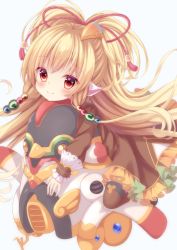Rule 34 | 1girl, absurdres, animal ears, blonde hair, blue background, blush, brown dress, brown thighhighs, closed mouth, commentary request, dress, frilled dress, frills, granblue fantasy, hair between eyes, hair ornament, hair ribbon, hakuto momiji, harvin, heart, heart in eye, highres, long hair, long sleeves, looking at viewer, looking to the side, mahira (granblue fantasy), hugging object, puffy long sleeves, puffy sleeves, red eyes, red ribbon, ribbon, simple background, sleeves past wrists, smile, solo, star (symbol), star in eye, symbol in eye, thighhighs, very long hair