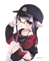Rule 34 | 1girl, :o, artist name, bad id, bad twitter id, baseball cap, black hair, black hat, black shirt, black shorts, blunt bangs, blunt ends, camisole, commentary, dolphin shorts, ear piercing, earrings, hat, highres, inkling, inkling girl, inkling player character, jacket, jewelry, long hair, long sleeves, looking at viewer, loose socks, mask, multicolored clothes, n6 6m, nintendo, off shoulder, parted lips, piercing, pioxpioo, pointy ears, recolored, red eyes, red jacket, shirt, short shorts, shorts, signature, simple background, sitting, sky, sleeves past wrists, socks, solo, stud earrings, tentacle hair, track jacket, v, white background, white legwear, zipper