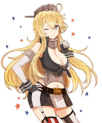 Rule 34 | 10s, 1girl, blonde hair, blue eyes, breasts, cleavage, elbow gloves, fingerless gloves, garter straps, gloves, hand on own hip, headgear, iowa (kancolle), kantai collection, large breasts, long hair, masunosushi, miniskirt, one eye closed, skirt, smile, solo, star-shaped pupils, star (symbol), symbol-shaped pupils, thighhighs, thumbs up, zettai ryouiki