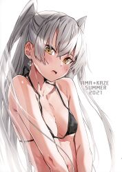 Rule 34 | 1girl, absurdres, amatsukaze (kancolle), anchor, anchor earrings, bare shoulders, bikini, bikini top only, blush, breasts, brown eyes, earrings, grey hair, highres, jewelry, kantai collection, long hair, looking at viewer, open mouth, scan, simple background, small breasts, solo, swimsuit, takanashi kei (hitsujikan), teeth, twintails, upper teeth only, white background