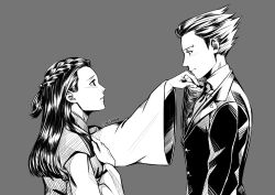 Rule 34 | 1boy, 1girl, absurdres, ace attorney, blush, braid, buttons, closed mouth, collared shirt, dress, eye contact, forehead, formal, french braid, from side, grey background, greyscale, highres, holding hands, imaginaeri, iris (ace attorney), japanese clothes, long hair, looking at another, monochrome, necktie, parted lips, phoenix wright, profile, robe, shirt, short hair, signature, simple background, spiked hair, standing, suit, translation request, upper body