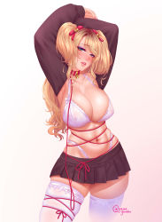 Rule 34 | 1girl, absurdres, armpits, arms behind head, arms up, bdsm, bell, blonde hair, blush, bow, bra, breasts, brown skirt, brown sleeves, choker, collar, collarbone, commission, detached sleeves, eyelashes, eyeshadow, frilled bra, frilled panties, frilled thighhighs, frills, green eyes, gyaru, hair bow, hair ribbon, hands up, head tilt, highres, jesse jordan, large breasts, leash, lipgloss, lips, long hair, long sleeves, makeup, miniskirt, nail polish, navel, nose blush, open mouth, original, panties, parted lips, purple eyeshadow, red bow, red nails, red ribbon, ribbon, skirt, slave, solo, stomach, string, thick thighs, thighhighs, thighs, twitter username, underwear, white background, white thighhighs, wide hips