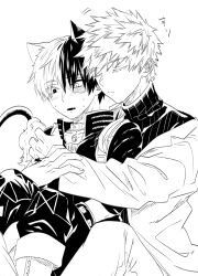 Rule 34 | 2boys, animal collar, animal ears, bakugou katsuki, bell, black jacket, black pants, blush, boku no hero academia, cat boy, cat ears, cat tail, closed mouth, collar, colored eyelashes, fangs, greyscale, hair between eyes, heterochromia, highres, hug, hug from behind, ikuhashi muiko, jacket, jacket partially removed, kemonomimi mode, long sleeves, male focus, monochrome, multicolored hair, multiple boys, neck bell, pants, parted lips, scar, scar on face, short hair, sitting, sitting on lap, sitting on person, slit pupils, spiked hair, sweatdrop, sweater, tail, todoroki shouto, turtleneck, turtleneck sweater, two-tone hair, upper body, white background, yaoi