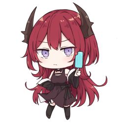 Rule 34 | 1girl, arknights, bare shoulders, black bow, black sleeves, black thighhighs, bow, breasts, brown dress, chibi, detached sleeves, dress, food, full body, holding, holding food, horns, long hair, long sleeves, looking at viewer, mango (mgo), medium breasts, popsicle, purple eyes, red hair, simple background, sleeveless, sleeveless dress, solo, standing, surtr (arknights), thighhighs, very long hair, white background, wide sleeves