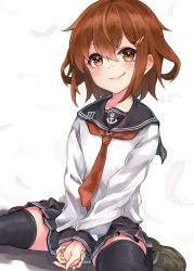 Rule 34 | 1girl, anchor symbol, black sailor collar, black skirt, black thighhighs, blush, brown eyes, brown footwear, brown hair, closed mouth, feathers, fingernails, hair between eyes, hair ornament, hairclip, highres, ikazuchi (kancolle), kamidanomi, kantai collection, loafers, long sleeves, neckerchief, pleated skirt, red neckerchief, sailor collar, school uniform, serafuku, shoes, short hair, skirt, smile, solo, thighhighs