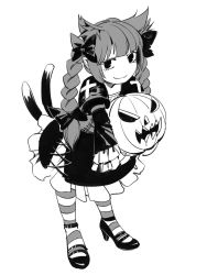Rule 34 | 1girl, :3, aged down, animal ears, blunt bangs, bow, braid, cat ears, child, closed mouth, dress, full body, gothic lolita, greyscale, hair bow, high heels, highres, holding, jack-o&#039;-lantern, juliet sleeves, kaenbyou rin, lolita fashion, long sleeves, looking at viewer, mary janes, monochrome, multiple tails, nekomata, pantyhose, puffy sleeves, pumpkin, ruukii drift, shoes, simple background, smile, solo, standing, strappy heels, striped clothes, striped pantyhose, tail, touhou, twin braids, two tails, white background