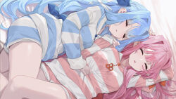 Rule 34 | 2girls, arm behind head, arm up, blue hair, blue ribbon, closed eyes, commentary request, hair ornament, hair ribbon, highres, kotonoha akane, kotonoha aoi, long hair, long sleeves, lying, multiple girls, on back, on side, parted lips, pink hair, ribbon, sleeping, striped clothes, thighs, voiceroid, yappen