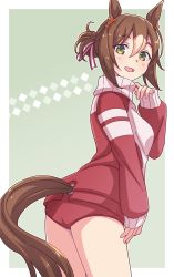 Rule 34 | 1girl, :d, animal ears, ass, breasts, brown hair, buruma, clothing cutout, e20, fine motion (umamusume), from side, green background, hair bun, hand up, highres, horse ears, horse girl, horse tail, jacket, long sleeves, looking at viewer, looking to the side, multicolored hair, open mouth, outside border, puffy long sleeves, puffy sleeves, red buruma, red jacket, sleeves past wrists, small breasts, smile, solo, tail, tail through clothes, track jacket, two-tone background, two-tone hair, umamusume, white background, white hair