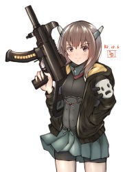Rule 34 | 1girl, artist logo, bike shorts, black jacket, brown eyes, brown hair, commentary request, corset, dated, flat chest, grey skirt, gun, h&amp;k mp5k, h&amp;k ump, headband, headgear, highres, hood, hooded jacket, hoodie, jacket, kantai collection, ld (luna dial398), looking at viewer, machine gun, mask, one-hour drawing challenge, pleated skirt, shorts, shorts under skirt, simple background, skirt, solo, standing, submachine gun, taihou (kancolle), tenkuu shinpan, weapon, white background