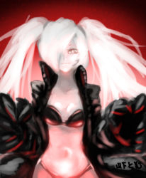 Rule 34 | 10s, 1girl, abyssal ship, bikini, black bikini, black jacket, claws, eyelashes, gauntlets, hair over one eye, jacket, kantai collection, leather, leather jacket, long hair, looking at viewer, mechanical arms, open clothes, open jacket, pale skin, red background, red eyes, signature, smile, solo, southern ocean oni, swimsuit, twintails, white hair, yamashita tomu