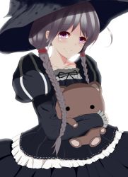 Rule 34 | 1girl, arm behind back, bad id, bad pixiv id, black dress, black hat, black ribbon, blush, braid, closed mouth, collarbone, cowboy shot, dress, eyebrows, female focus, frilled dress, frilled sleeves, frills, front braid, ggininder, grey hair, hair over shoulder, hair tubes, hat, highres, holding, juliet sleeves, layered dress, long hair, long sleeves, looking at viewer, original, pink eyes, puffy long sleeves, puffy sleeves, ribbon, simple background, smile, solo, stuffed animal, stuffed toy, tareme, teddy bear, twin braids, twintails, very long hair, white background, witch hat