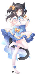 Rule 34 | 1girl, absurdres, animal ear fluff, animal ears, black hair, blue bow, blush, boots, bow, brown bow, brown eyes, cat ears, cat girl, cat tail, closed mouth, commentary request, cropped jacket, frilled skirt, frills, full body, hair bow, high heel boots, high heels, highres, holding, holding microphone, jacket, korie riko, microphone, open clothes, open jacket, original, outstretched arm, pointing, pointing at viewer, puffy short sleeves, puffy sleeves, shirt, short sleeves, simple background, skirt, smile, solo, standing, standing on one leg, tail, thighhighs, thighhighs under boots, two side up, white background, white footwear, white jacket, white shirt, white skirt, white thighhighs