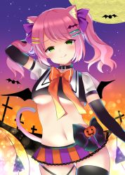 Rule 34 | 1girl, :q, animal ear fluff, animal ears, arm up, arm warmers, bad id, bad pixiv id, bat hair ornament, bat wings, black shirt, black thighhighs, bow, bowtie, breasts, cat ears, cat tail, choker, commentary request, crop top, full moon, gradient sky, green eyes, hair ornament, hairclip, halloween, hamico, highres, long hair, looking at viewer, medium breasts, midriff, miniskirt, moon, navel, original, pink hair, shirt, skirt, sky, smile, solo, star (sky), starry sky, tail, thighhighs, tongue, tongue out, twintails, underboob, wings, zettai ryouiki
