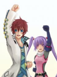 Rule 34 | 1boy, 1girl, asbel lhant, blue eyes, brown hair, elbow gloves, gloves, gradient background, highres, purple eyes, purple hair, san (sypay), sophie (tales), tales of (series), tales of graces, twintails, white background