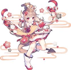Rule 34 | 1girl, ao jun, ark order, baozi, bare shoulders, bell, boots, bow, bracelet, brown hair, demon tail, detached sleeves, dress, envelope, floral print, flower, food, food on head, fur-trimmed dress, fur collar, fur trim, hair ornament, holding, holding envelope, hongbao, horns, jewelry, jingle bell, long hair, long sleeves, object on head, official art, pom pom (clothes), pom pom hair ornament, red bow, red eyes, red flower, solo, tachi-e, tail, tassel, transparent background, two side up, white footwear, wide sleeves, year (ark order), yellow dress
