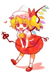 Rule 34 | 1girl, bad id, bad pixiv id, blonde hair, chaba (hortensia), fang, female focus, flandre scarlet, hat, hat ribbon, heart, laevatein, leaning forward, mob cap, one side up, red eyes, ribbon, side ponytail, solo, touhou, wings