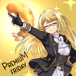 Rule 34 | 1girl, arm up, belt, black gloves, blonde hair, commentary request, english text, closed eyes, food, friday (granblue fantasy), glasses, gloves, granblue fantasy, haku (grimjin), highres, long hair, pointing, ribbon, smile, solo, sparkle, tempura, yellow background