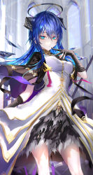 Rule 34 | 1girl, absurdres, antenna hair, arknights, black gloves, blue eyes, blue hair, dress, floating clothes, gloves, hair between eyes, halo, highres, horns, long hair, looking at viewer, mostima (arknights), mostima (spellbreaker) (arknights), official alternate costume, partially fingerless gloves, pottsness, solo, thighs, twitter username, white dress, wings