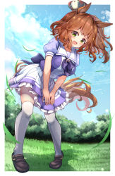 Rule 34 | 1girl, animal ears, aston machan (umamusume), breasts, cloud, commentary request, crown, full body, grass, green eyes, highres, horse ears, horse girl, horse tail, large breasts, looking at viewer, medium hair, meyamu, ribbon, school uniform, shoes, sky, solo, tail, thighhighs, tracen school uniform, umamusume, white thighhighs