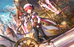 Rule 34 | 1boy, armor, book, chalice, cityscape, cup, day, elsword, elsword (character), energy gun, chalice, hat, holding, map, painting (object), red eyes, red hair, scorpion5050, shoulder armor, sky, standing, sword, weapon, wheel, wings