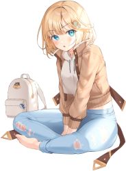 Rule 34 | 1girl, :o, absurdres, backpack, bad id, bad pixiv id, bag, barefoot, belt, between legs, blonde hair, blue eyes, blue pants, blush, brown belt, brown cardigan, bubba (watson amelia), cardigan, commentary request, cropped hoodie, drawstring, full body, hair ornament, hand between legs, harusame (user wawj5773), highres, hololive, hololive english, hood, hood down, hoodie, huge filesize, indian style, long sleeves, looking at viewer, open cardigan, open clothes, pants, short hair, simple background, sitting, solo, torn clothes, torn pants, unworn backpack, unworn bag, virtual youtuber, watson amelia, white background, white hoodie