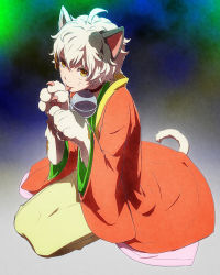 Rule 34 | 10s, 1boy, :p, ahoge, androgynous, animal ears, animal hands, bell, blonde hair, cat boy, cat ears, cat paws, cat tail, collar, egawa satsuki, full body, green hair, idolmaster, idolmaster side-m, japanese clothes, male focus, multicolored hair, neck bell, nekoyanagi kirio, official alternate costume, short hair, solo, tail, tongue, tongue out, whiskers