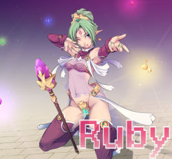Rule 34 | 1girl, character name, crotch plate, earrings, green hair, jewelry, one eye closed, painpa, panel de pon, pointy ears, ruby (panel de pon), solo, thighhighs, wink