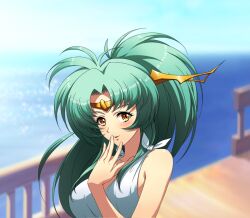 Rule 34 | 1girl, angelina (langrisser), blush, confession, dress, green hair, langrisser, langrisser mobile, looking at viewer, official art, yellow eyes