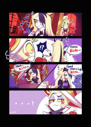 Rule 34 | 1boy, 1girl, :3, aged down, apple, blonde hair, blush stickers, charlie morningstar, closed mouth, colored sclera, colored skin, english text, engrish text, father and daughter, food, fruit, hair over one eye, hazbin hotel, highres, indoors, long hair, looking at viewer, lucifer morningstar (hazbin hotel), multicolored hair, ranguage, smile, sonoda shouten, streaked hair, very long hair, white skin, window, yellow sclera