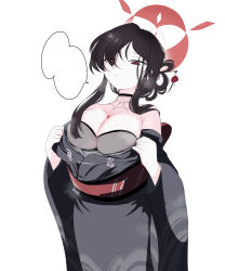 Rule 34 | 1girl, absurdres, bare shoulders, bentic, black hair, blue archive, breasts, choker, cleavage, halo, highres, japanese clothes, kimono, kokuriko (blue archive), large breasts, long hair, obi, off shoulder, red eyes, sash, simple background, solo, speech bubble, white background
