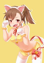 Rule 34 | 1girl, :d, animal ears, bare shoulders, bell, bow, brown hair, cat ears, cat tail, earrings, fuku d, futami mami, gloves, idolmaster, idolmaster (classic), jewelry, midriff, navel, open mouth, ponytail, short shorts, shorts, smile, solo, tail, thighhighs, white gloves, white thighhighs