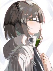 Rule 34 | 1girl, absurdres, arknights, black-framed eyewear, blush, brown eyes, brown hair, closed mouth, glasses, hand up, highres, jacket, multicolored hair, open clothes, open jacket, profile, semi-rimless eyewear, silence (arknights), solo, spam (spamham4506), two-tone hair, under-rim eyewear, upper body, white jacket
