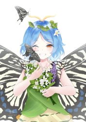 Rule 34 | 1girl, absurdres, animal, antennae, aqua hair, bad id, bad pixiv id, blush, bug, butterfly, butterfly wings, caterpillar, dated, dress, eternity larva, fairy, flower, green dress, grin, highres, holding, holding flower, huangguagua, insect, insect wings, leaf, leaf on head, multicolored clothes, multicolored dress, one eye closed, orange eyes, revision, short hair, short sleeves, signature, simple background, smile, solo, touhou, white background, white flower, wings