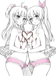 Rule 34 | 2girls, ahoge, bare shoulders, blush, bow, breast press, breasts, character request, chocolate, hair bow, heart, highres, holding hands, interlocked fingers, lace, lace-trimmed panties, lace trim, large breasts, long hair, looking at viewer, multiple girls, original, panties, parted lips, pink panties, ponytail, simple background, spot color, symmetrical docking, tareme, tonee, topless, tsurime, two side up, underwear, white background