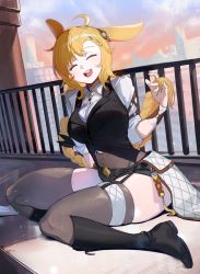 Rule 34 | 1girl, :d, ahoge, animal ears, arknights, black footwear, black shorts, black vest, blonde hair, blush, boots, braid, breasts, brown thighhighs, cityscape, closed eyes, collared shirt, covered navel, day, facing viewer, full body, garter straps, highres, holding, holding hands, holding own hair, knee boots, kroos (arknights), kroos the keen glint (arknights), large breasts, long hair, long sleeves, mare funo, official alternate costume, on floor, open mouth, outdoors, rabbit ears, railing, shirt, short shorts, shorts, single braid, sitting, skindentation, smile, solo, thighhighs, very long hair, vest, waist cape, white shirt