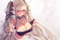 Rule 34 | 1girl, ass, azur lane, bad id, bad pixiv id, bare shoulders, belly, between breasts, black nails, blush, breasts, cleavage, commentary request, dress, formidable (azur lane), frilled dress, frills, hair ribbon, large breasts, long hair, looking at viewer, mitsu (mitsu art), nail polish, nude, open mouth, platinum blonde hair, red eyes, ribbon, solo, stomach, top pull, twintails, two-tone dress, two-tone ribbon, upper body, very long hair