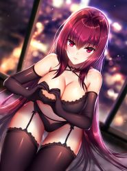 Rule 34 | 1girl, bad id, bad pixiv id, bare shoulders, black bra, black gloves, black panties, black thighhighs, blurry, blurry background, blush, bra, breasts, cleavage, collarbone, elbow gloves, fate/grand order, fate (series), garter belt, garter straps, gloves, hair between eyes, hair intakes, heart, heart-shaped boob challenge, heart hands, highres, hip focus, indoors, lace, lace-trimmed bra, lace-trimmed legwear, lace trim, large breasts, long hair, looking at viewer, mallizmora, panties, purple hair, red eyes, scathach (fate), shiny skin, solo, thighhighs, thighs, underwear, window