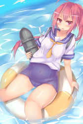Rule 34 | 10s, 1girl, backpack, bag, i-168 (kancolle), innertube, kantai collection, kutan, long hair, missile, no pants, one-piece swimsuit, personification, ponytail, red eyes, red hair, school swimsuit, school uniform, serafuku, swim ring, swimsuit, swimsuit under clothes
