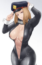 Rule 34 | 1girl, areola slip, bodysuit, boku no hero academia, breasts, brown eyes, brown hair, catsuit, center opening, cleavage, collar, commentary, curvt, curvy, hand on headwear, hat, highres, large breasts, leather, looking at viewer, medium hair, navel, nipples, no bra, open bodysuit, open clothes, peaked cap, plunging neckline, revealing clothes, shiny skin, simple background, skin tight, stomach, symbol, thighs, unzipped, utsushimi kemii, white background, wide hips, zefrableu