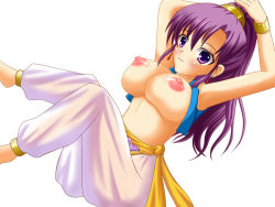 Rule 34 | 1990s (style), 1girl, blush, breasts, earrings, faris scherwiz, female focus, final fantasy, final fantasy v, hair ornament, hiyokiti, jacket, jewelry, large breasts, long hair, mystic knight, nipples, pants, ponytail, purple eyes, purple hair, retro artstyle, sash, simple background, smile, solo, white background, wristband