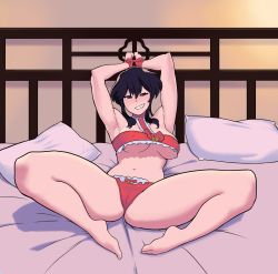 Rule 34 | 1girl, absurdres, armpits, bare legs, barefoot, bdsm, bed, black eyes, black hair, bondage, bound, bound wrists, breasts, cameltoe, christmas, commission, commissioner upload, covered erect nipples, fire emblem, fire emblem: genealogy of the holy war, frills, grin, highres, larcei (fire emblem), large breasts, lingerie, narrowed eyes, nintendo, odatakai, panties, partially visible vulva, pillow, red panties, ribbon, smile, smirk, smug, solo, spread legs, toes, underboob, underwear